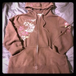 Roxy Floral Print Brown Zip Hoodie Size XL